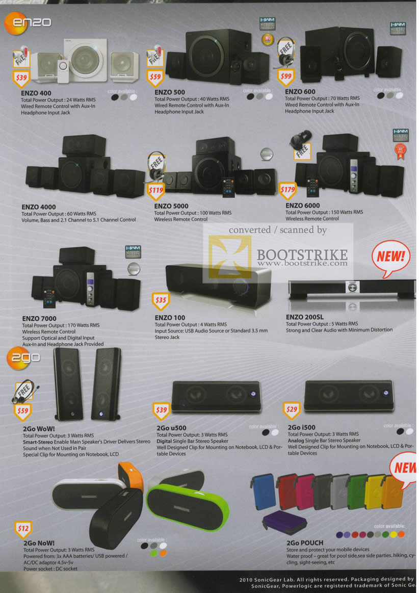 IT Show 2010 price list image brochure of SonicGear Speakers Enzo 2Go Wow U500 NoW Pouch