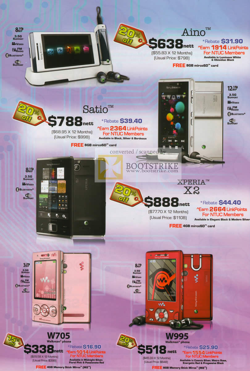IT Show 2010 price list image brochure of Sony Ericsson Mobile Phones Aino Satio Xperia X2 W705 W995