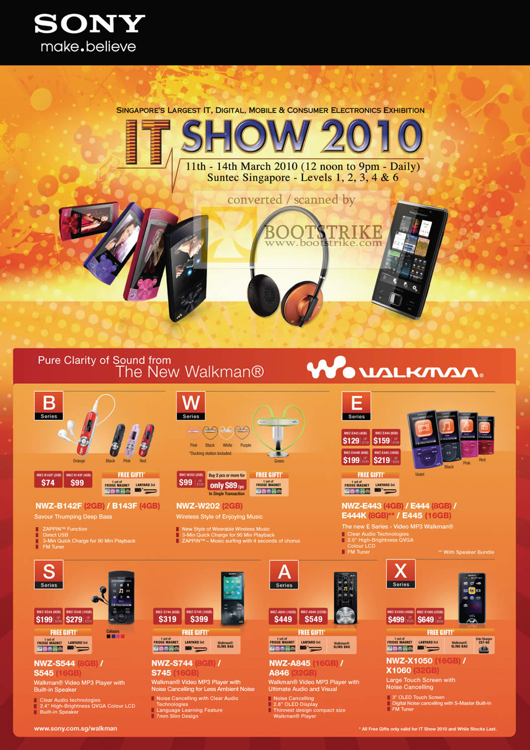 IT Show 2010 price list image brochure of Sony Walkman Video MP3 Player B Series NWZ B142F 143F W W202 E E444 E445 S S544 S545 S745 A845 A846 X1050 X1060