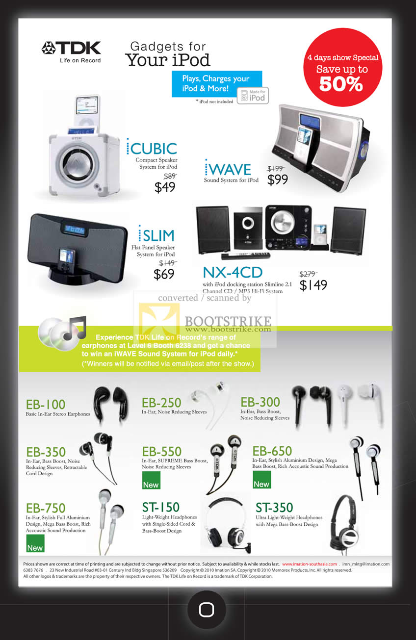 IT Show 2010 price list image brochure of TDK IPod Speakers ICubic IWave ISlim NX 4CD Earphones Headsets EB 10 250 300 350 550 650 750 ST 150 350