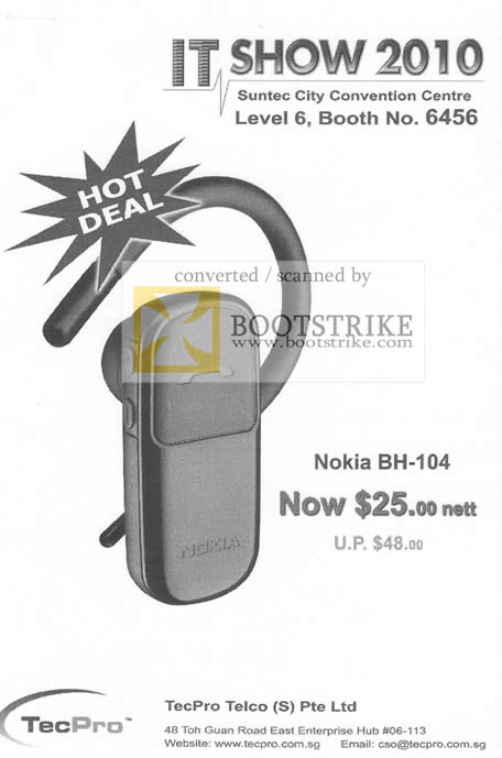 tøve Ond podning TecPro Nokia BH 104 Bluetooth Headset IT SHOW 2010 Price List Brochure  Flyer Image