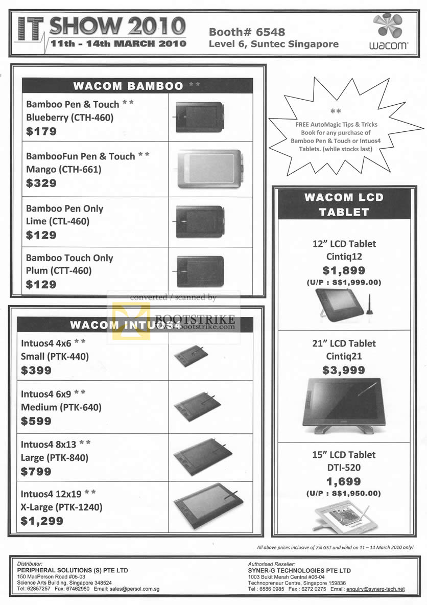 IT Show 2010 price list image brochure of Wacom Bamboo Pen Touch Blueberry Mango Lime Plum LCD Tablet Cintiq12 21 DTI 520 Intuos4