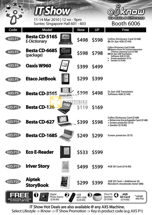 IT Show 2010 price list image brochure of IKnow Besta E Dictionary Oaxis W960 Etaco CD Jetbook Eco E Reader Iriver Story