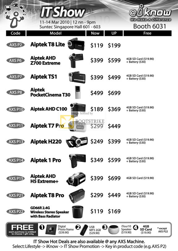IT Show 2010 price list image brochure of IKnow Video Camcorder Aiptek T8 Lite PocketCinema AHD T7 Pro H220 AHD H5 Extreme T8 GD66R Stereo Speaker