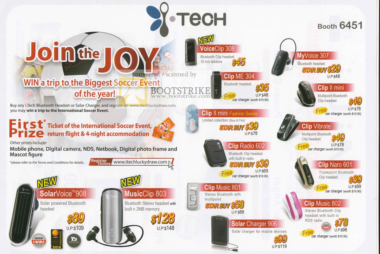 IT Show 2010 price list image brochure of ITech Bluetooth Headset Voiceclip MusicClip SolarVoice Clip Music ME Mini Vibrate Nano Radio