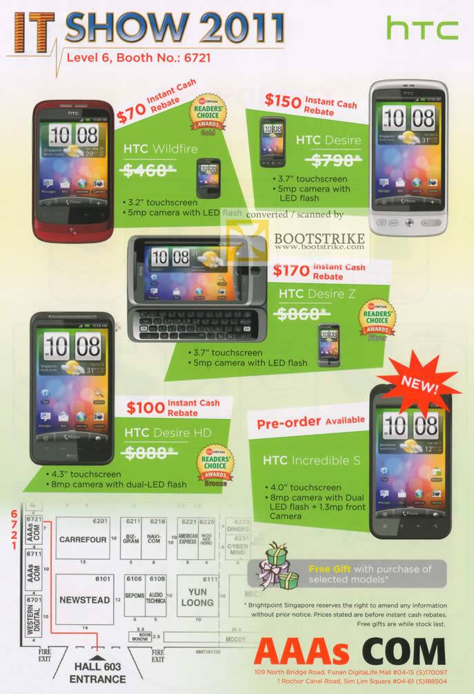 IT Show 2011 price list image brochure of AAAs Com HTC Smartphones Wildfire Desire Z HD Incredible S