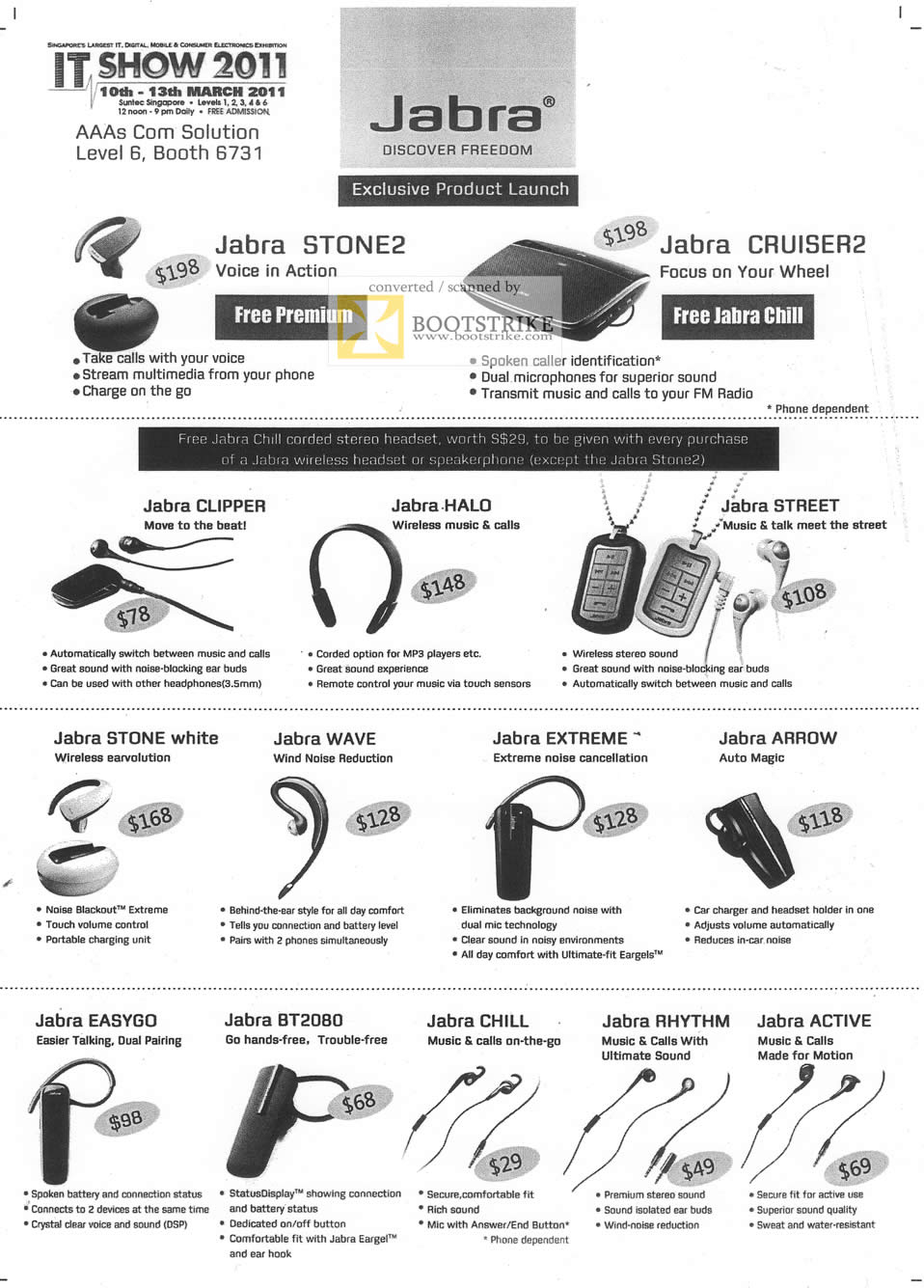 IT Show 2011 price list image brochure of AAAs Com Jabra Stone2 Cruiser2 Clipper Halo Street White Wave Extreme Arrow Easygo BT2080 Chill Rhythm Active