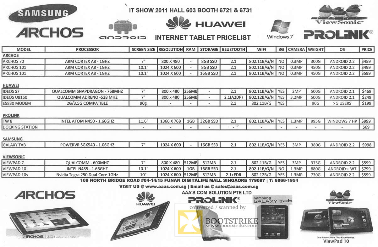IT Show 2011 price list image brochure of AAAs Com Tablets Samsung Galaxy Tab Archos 70 101 Huawei IDEOS S7 U8150 Model Prolink TW8 Viewsonic Viewpad 7 10 10s
