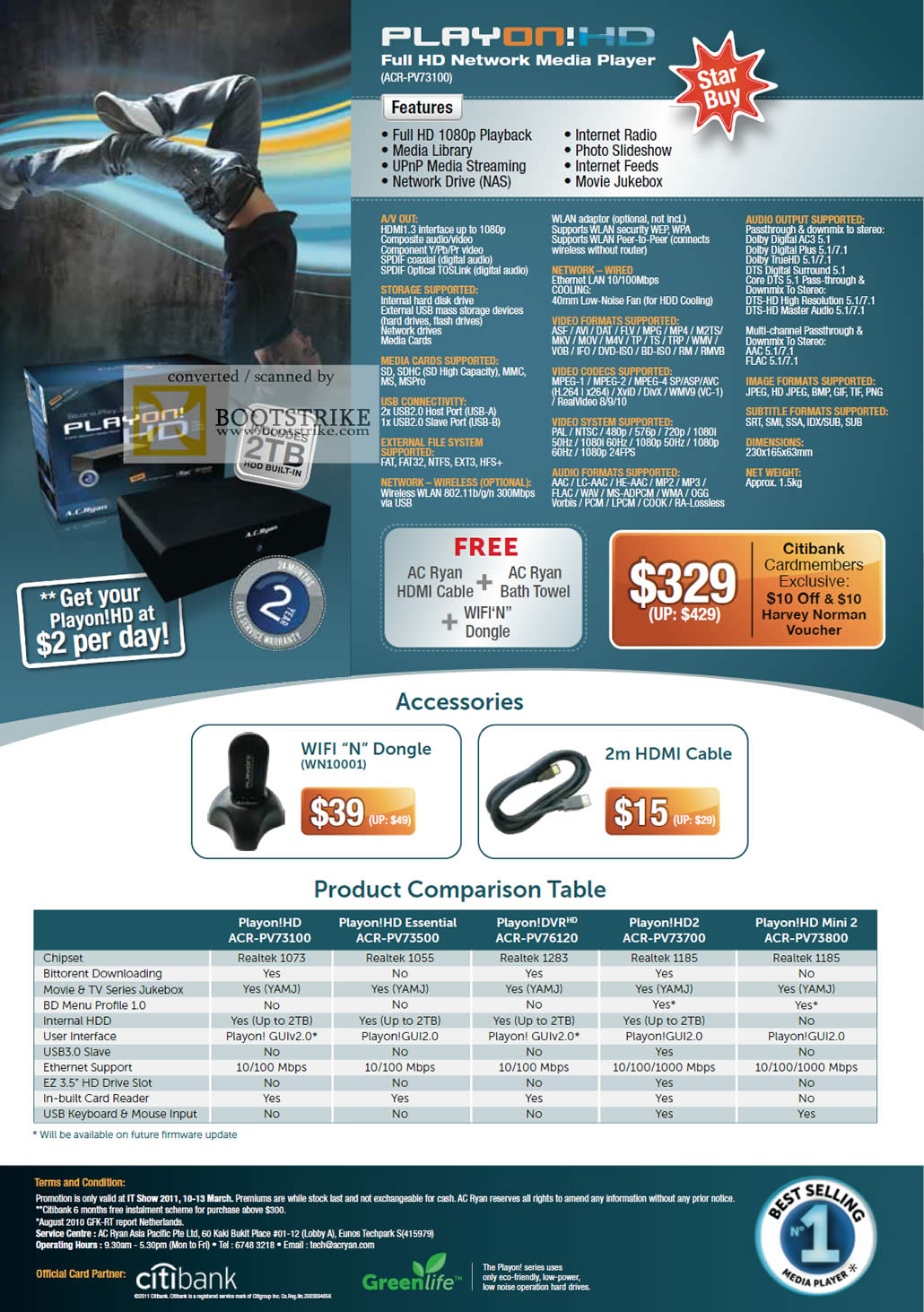 IT Show 2011 price list image brochure of AC Ryan Play On HD Media Player ACR PV73100 Comparison Table NAS