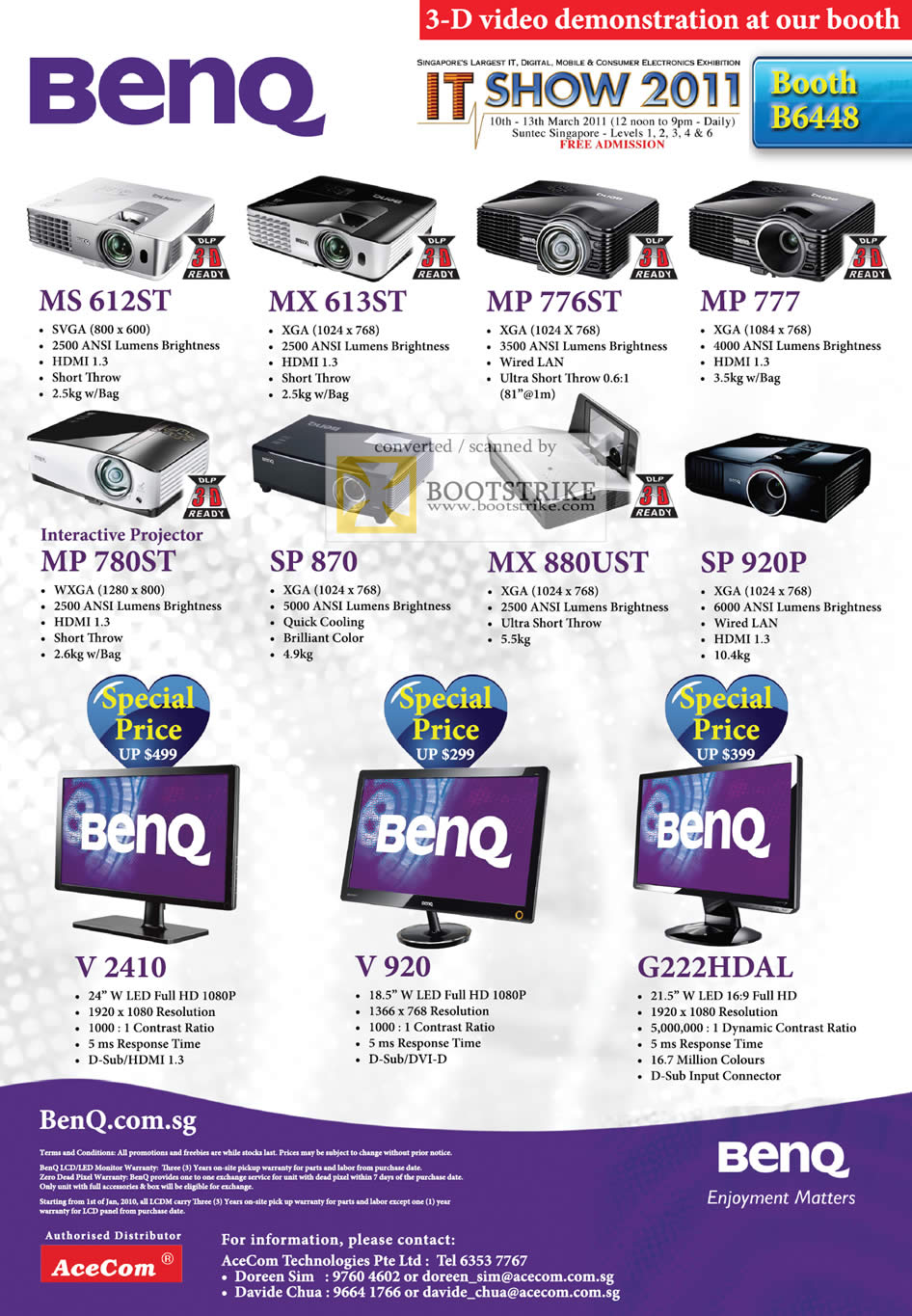 IT Show 2011 price list image brochure of Acecom Benq Projectors MS612ST MX613ST MP776ST MP777 MP780ST SP870 MX880UST SP920P Monitors V2410 V920 G222HDAL