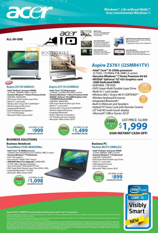 IT Show 2011 price list image brochure of Acer Desktop PC All-In-One Aspire Z3730 68M25 Z5710 I55MR25 Z5761 I25MR4TV TravelMate 4740-484G50Mn Veriton M275 58M232
