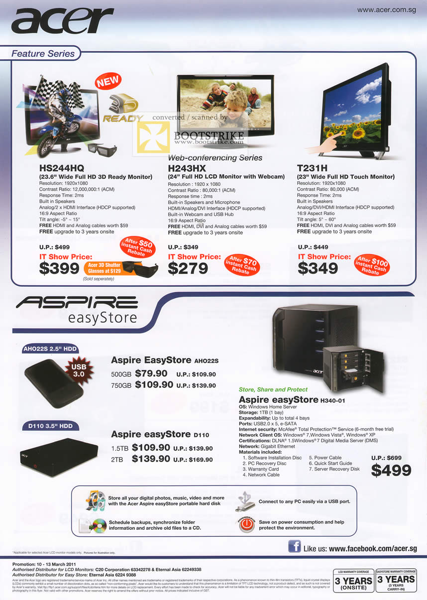 IT Show 2011 price list image brochure of Acer LCD Monitors HS244HQ H243HX T231H Touch Webcam Aspire Easystore External Storage AHO22S D110 H350-01 NAS