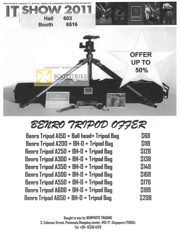 IT Show 2011 price list image brochure of Ben Photo Benro Tripod A150 A200 A250 A300 A350 A500 A550 A600 A650 Ball Head BH-D Tripod Bag