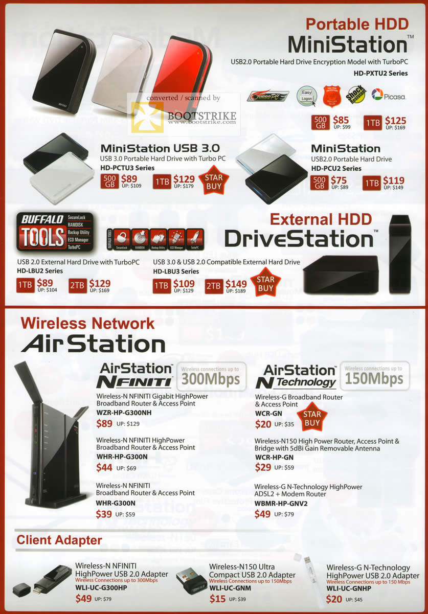 IT Show 2011 price list image brochure of Buffalo External Storage MiniStation HD-PXTU2 USB HD-PCTU3 Airstation Nfinity WZR HP G300NH WHR G300N GN GNV2 Adapter WLI