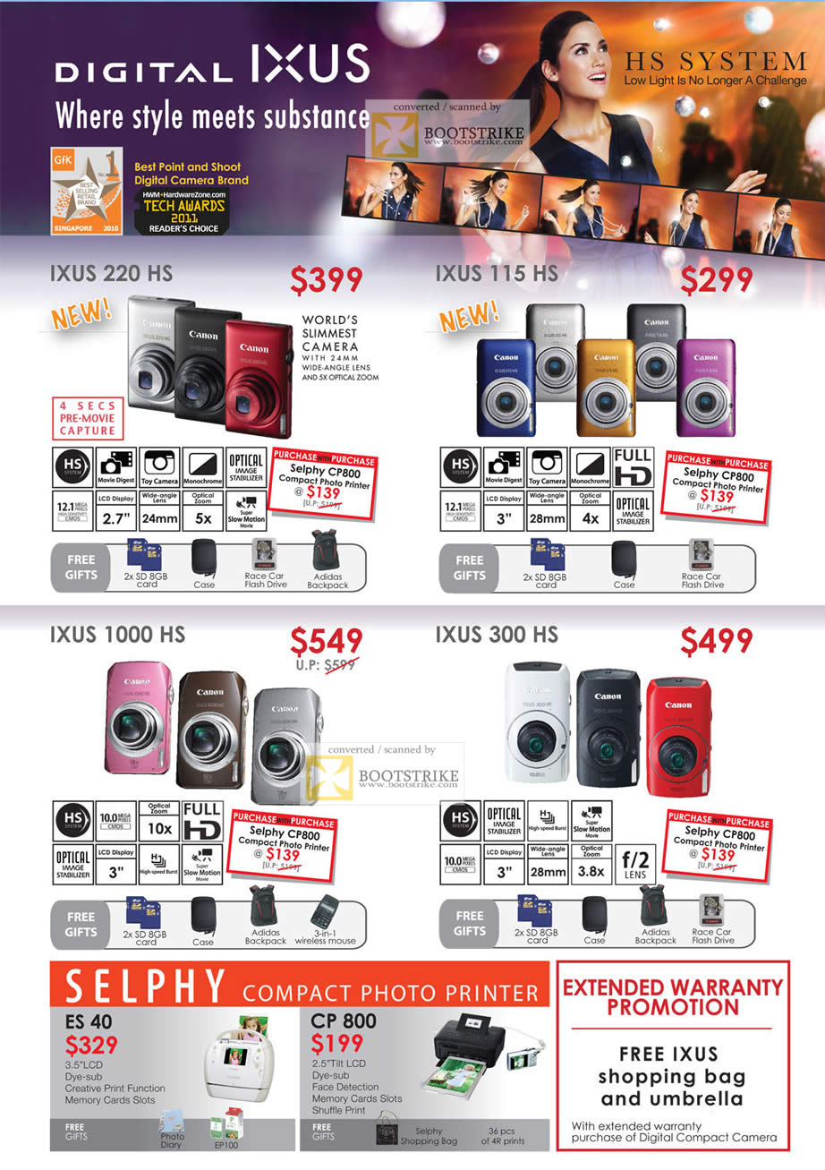 IT Show 2011 price list image brochure of Canon Digital Cameras IXUS 220 HS115 HS1000 HS300 HS Selphy ES40 CP800