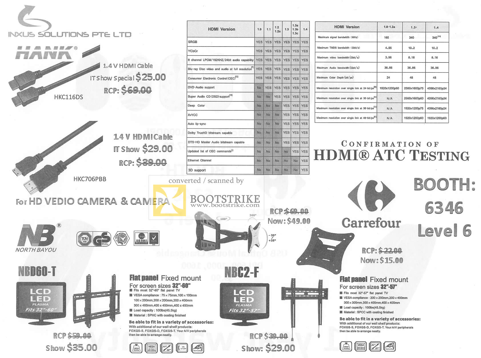 IT Show 2011 price list image brochure of Carrefour Inxus Hank HDMI Cable NBD60-T Mount Bracket NBC2-F North Bayou