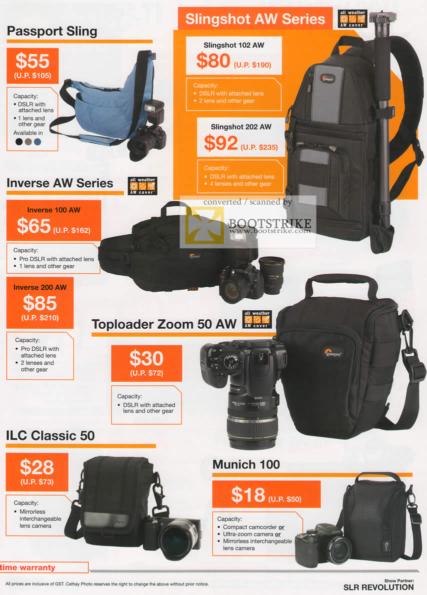 IT Show 2011 price list image brochure of Cathay Photo Lowepro Bags Passport Sling Slingshot AW Inverse AW Toploader Zoom 30 AW ILC Classic 50 Munich 100