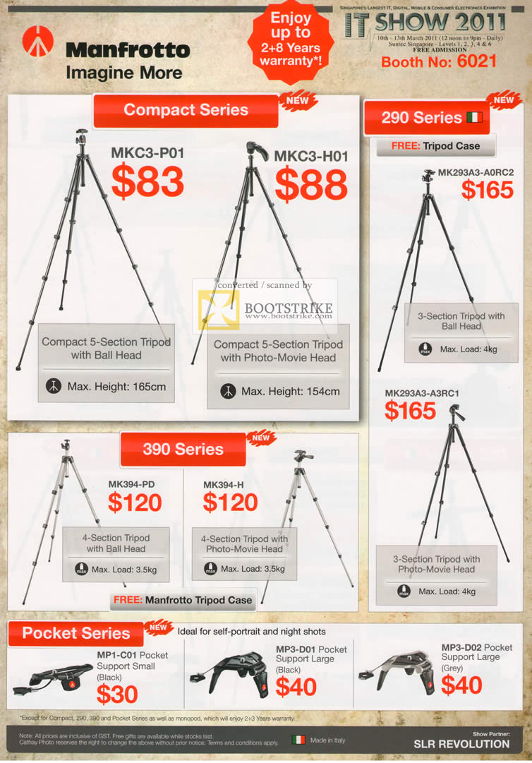 IT Show 2011 price list image brochure of Cathay Photo Manfrotto Tripods MKC3-PO1 H01 290 MK293A3-A0RC2 390 MK394-PD MK394-H Pocket MP1 MP3