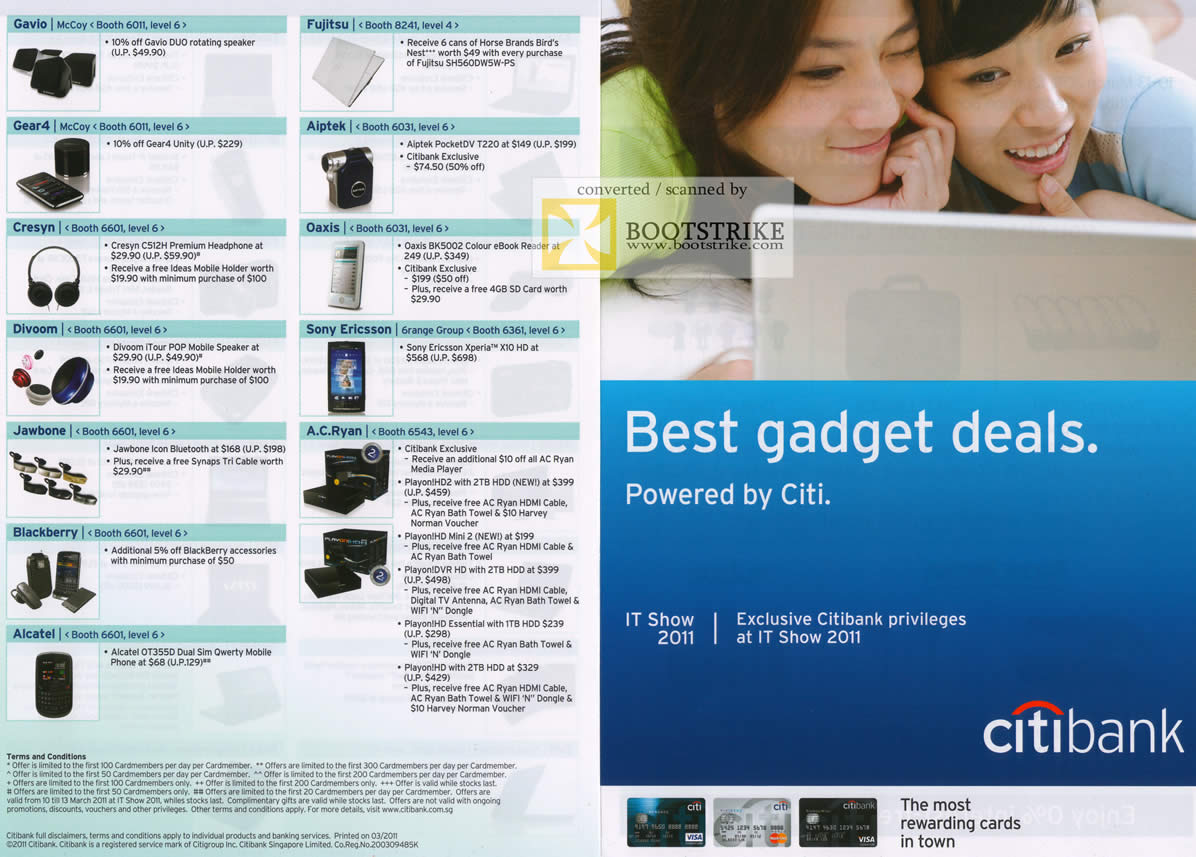 IT Show 2011 price list image brochure of Citibank Rewards Gavio Fujitsu Divoom Oaxis Aiptek Blackberry Jawbone Sony Ericsson AC Ryan