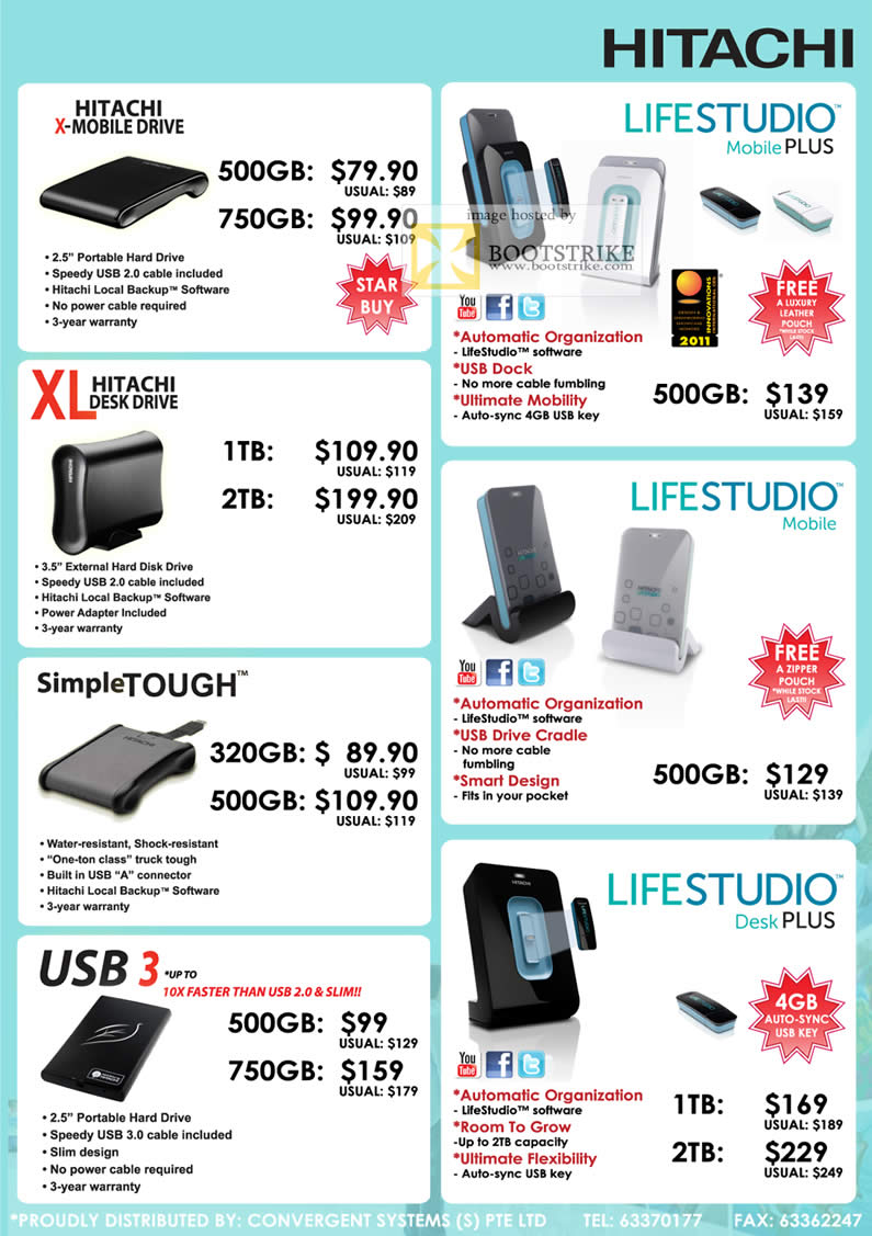 IT Show 2011 price list image brochure of Convergent Hitachi External Storage X-Mobile Drive Lifestudio Mobile Plus XL SimpleTough USB3 Desk Plus