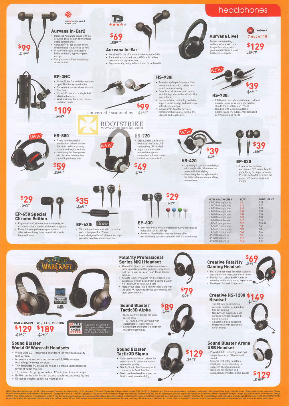 IT Show 2011 price list image brochure of Creative Headphones Aurvana In-Ear2 In-Ear Live EP-3NC HS-930i 730i 850 720 420 830 650 630i 630 Fatal1ty MKII Tactic3D Alpha Sigma Arena
