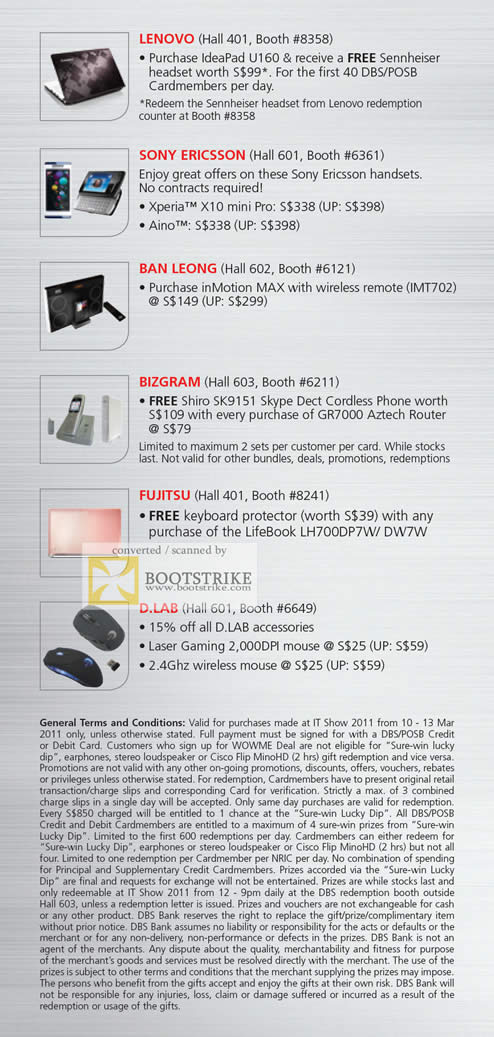 IT Show 2011 price list image brochure of DBS POSB Lenovo IdeaPad U160 Sony Ericsson Xperia X10 Mini Aino Ban Leong Bizgram Fujitsu Lifebook D.Lab Mouse