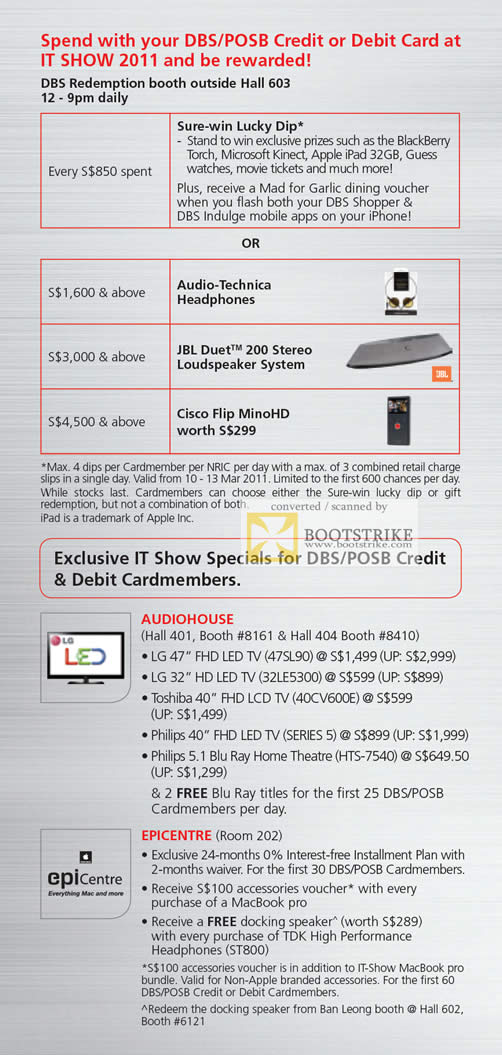 IT Show 2011 price list image brochure of DBS POSB Rewards Lucky Dip LED LCD TV Apple Macbook Speaker Epicentre Audio House