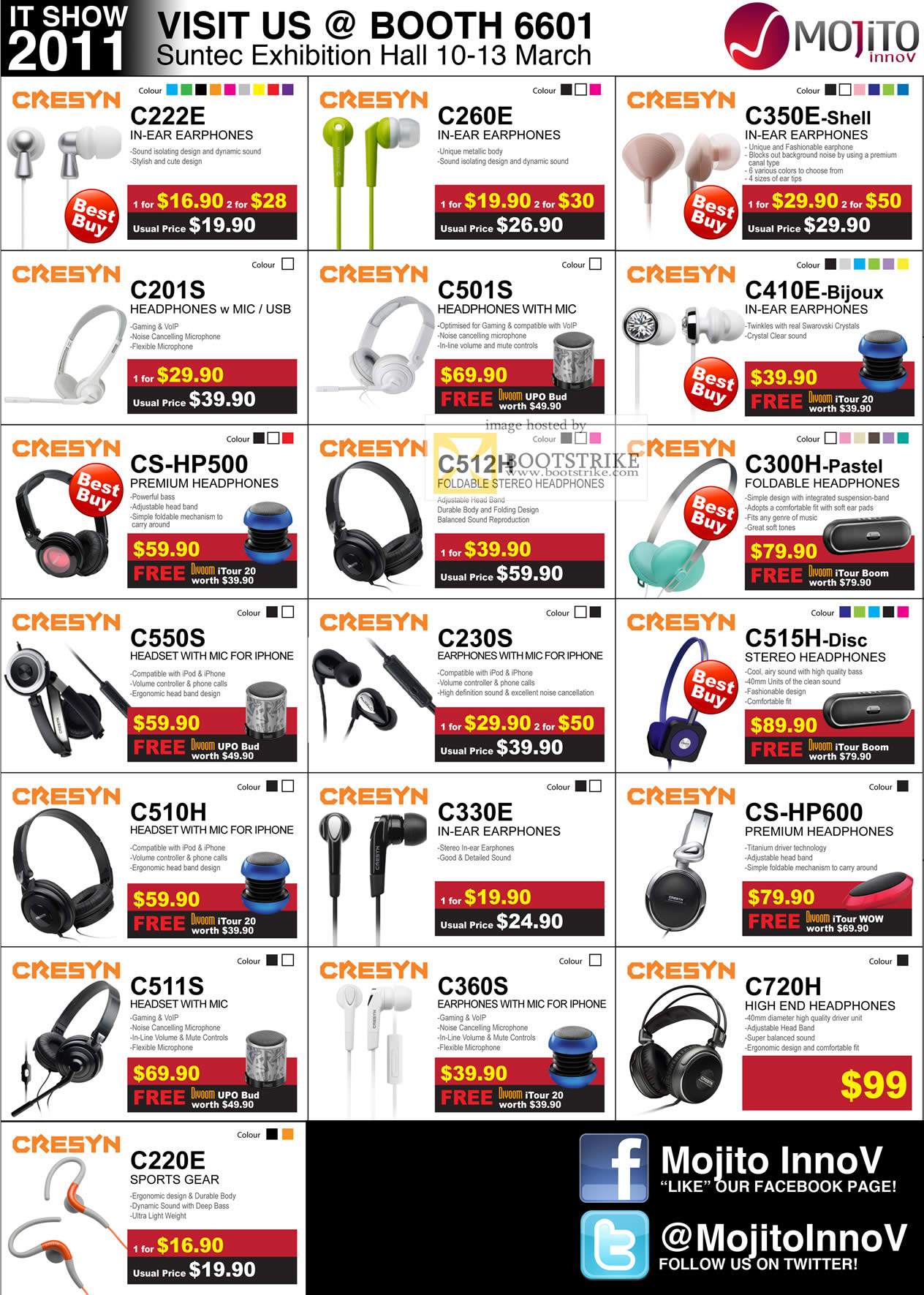 IT Show 2011 price list image brochure of Divoom Cresyn In-Ear Earphones C223 C260E C350E Shell C501S C300H Pastel CS-HP500 C300H C515H Headset C510H C720H C220E