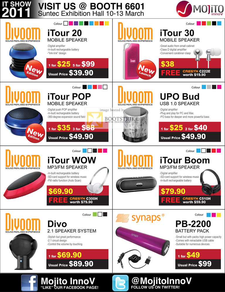 IT Show 2011 price list image brochure of Divoom ITour Mobile Speaker 20 30 POP UPO Bud WOW Boom Divo Synaps PB-2200 Battery