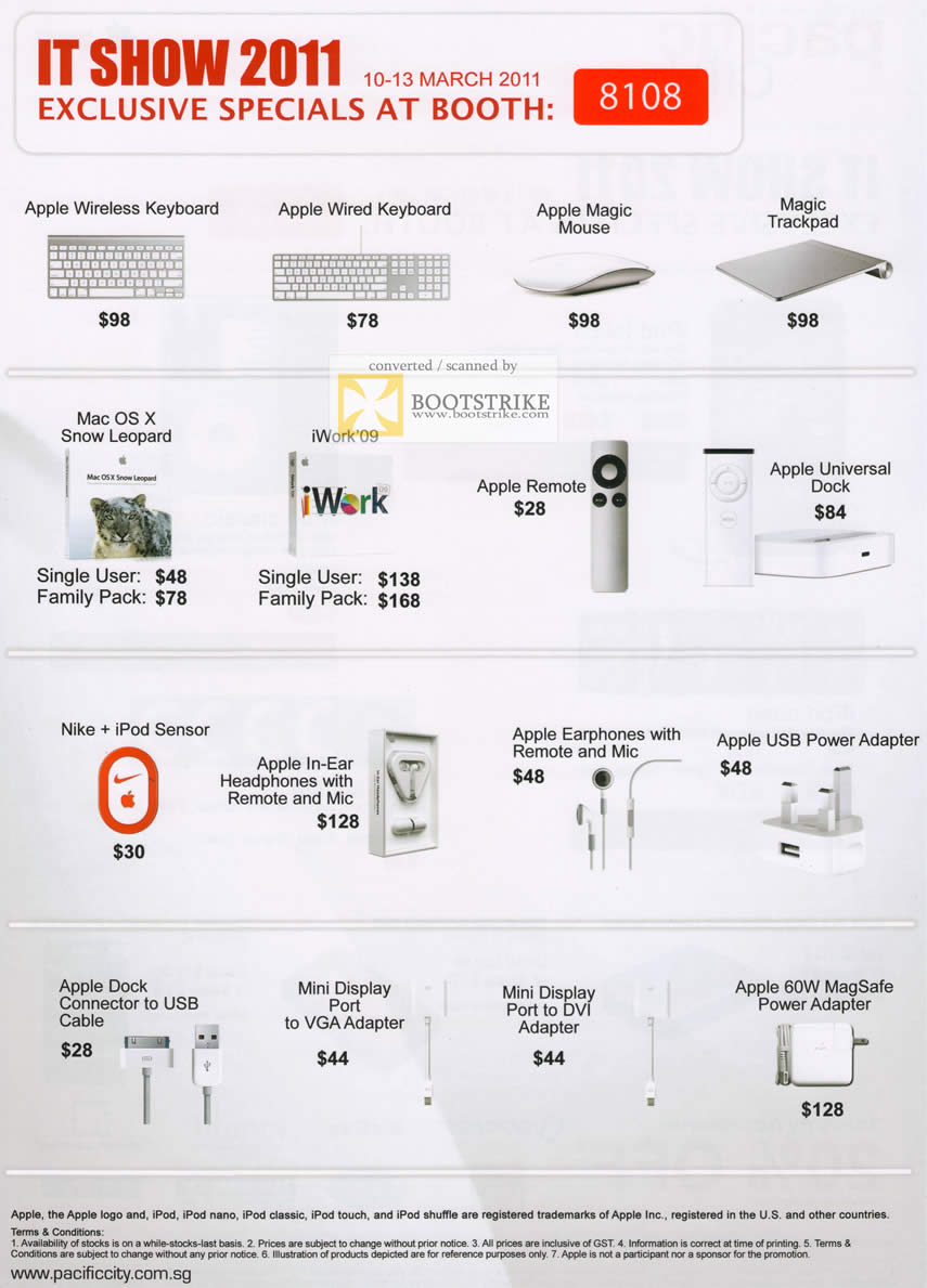 IT Show 2011 price list image brochure of ECS Pacific City Apple Wireless Keyboard Magic Mouse Tracket OS X IWork Remote Universal Dock Earphones Dock DVI Adapter MagSave Adapter