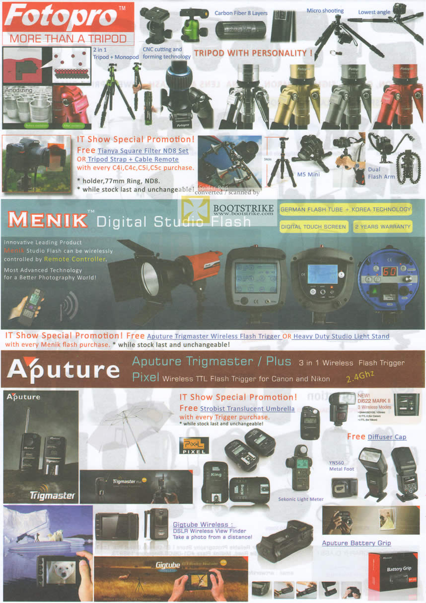 IT Show 2011 price list image brochure of EL Dorado Fotopro Tripods Menik Flash M5 Mini Dual Flash Arm Aputure Trigmaster Plus Pixel
