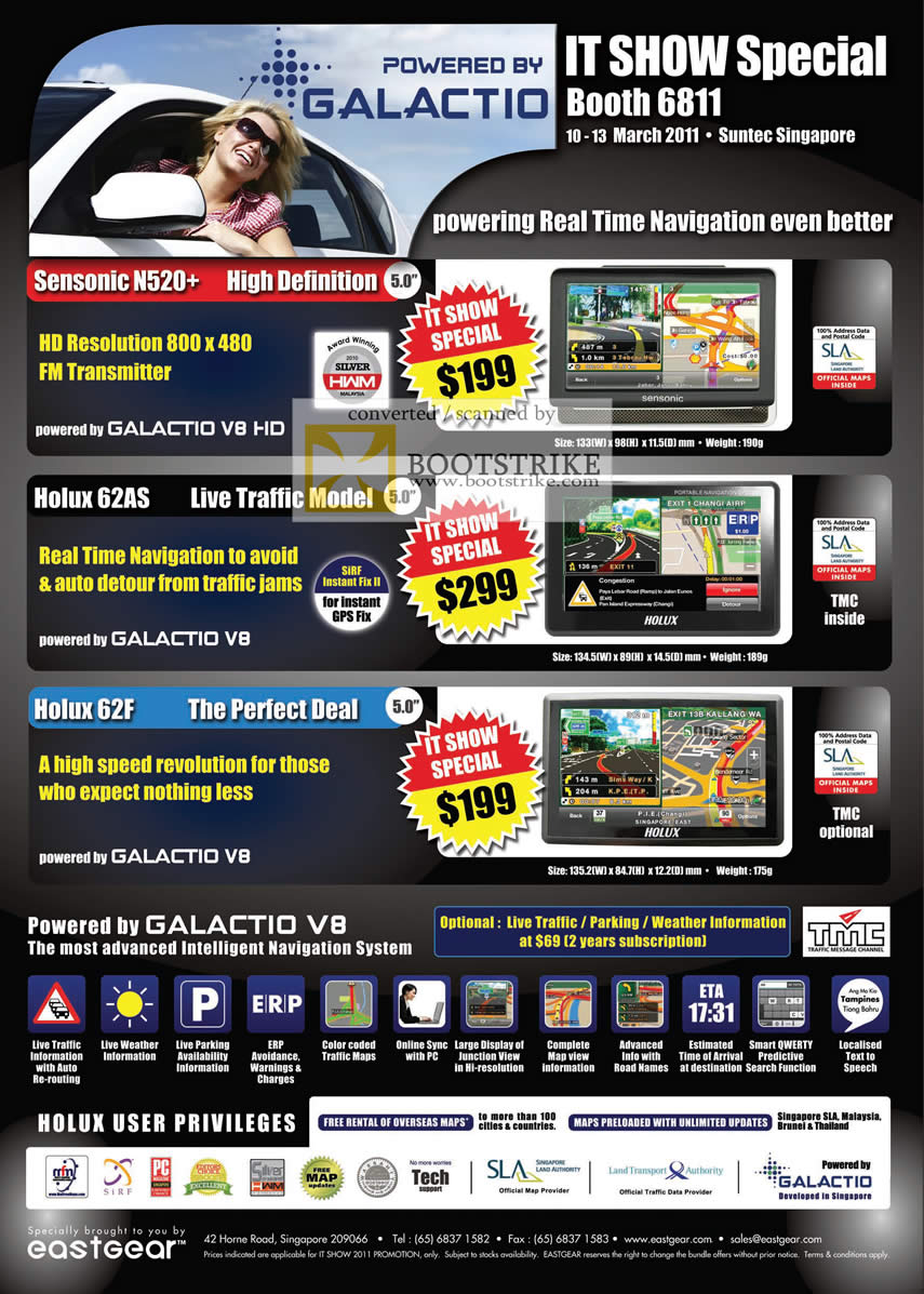 IT Show 2011 price list image brochure of Eastgear GPS Navigation Galactio V8 Sensonic N520 Holux 62AS 62F SLA TMC