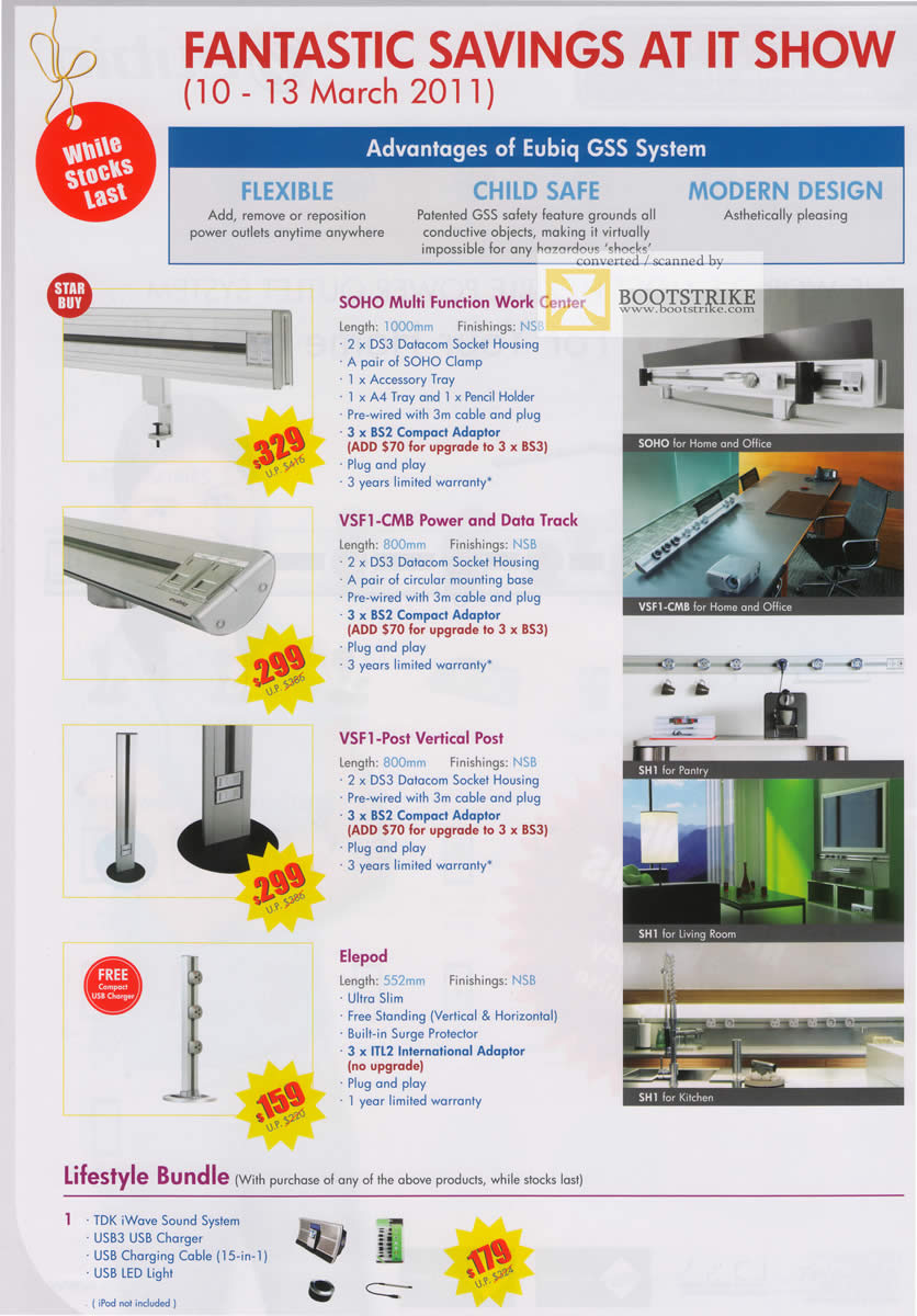 IT Show 2011 price list image brochure of Eubiq Power Outlet GSS SOHO Multi Function Work Center VSF1-CMB Power Data Track Vertical Post Elepod