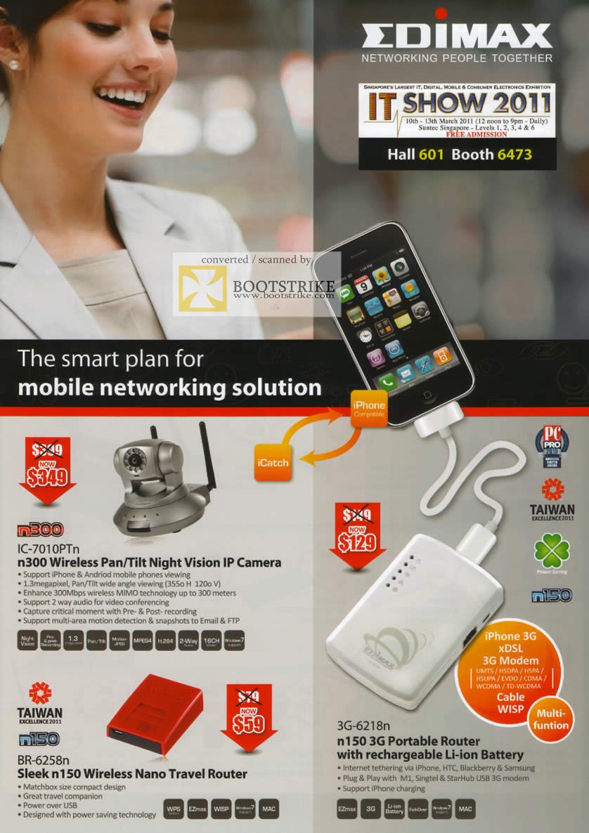 IT Show 2011 price list image brochure of Fairland Edimax IPCam IC-7010PTn 3G-6218n N150 3G Portable Router BR-6258n N150 Wireless