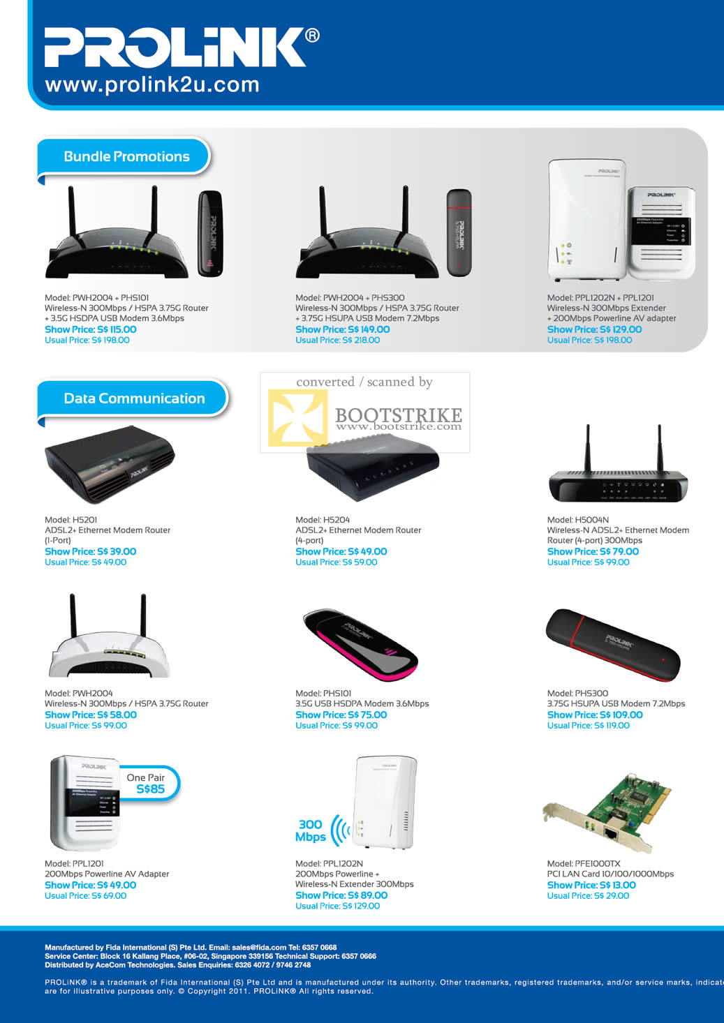 IT Show 2011 price list image brochure of Fida Intl Prolink Bundle Promotions Router Model HSDPA Powerline Extender ADSL2 Modem USB PCI Lan