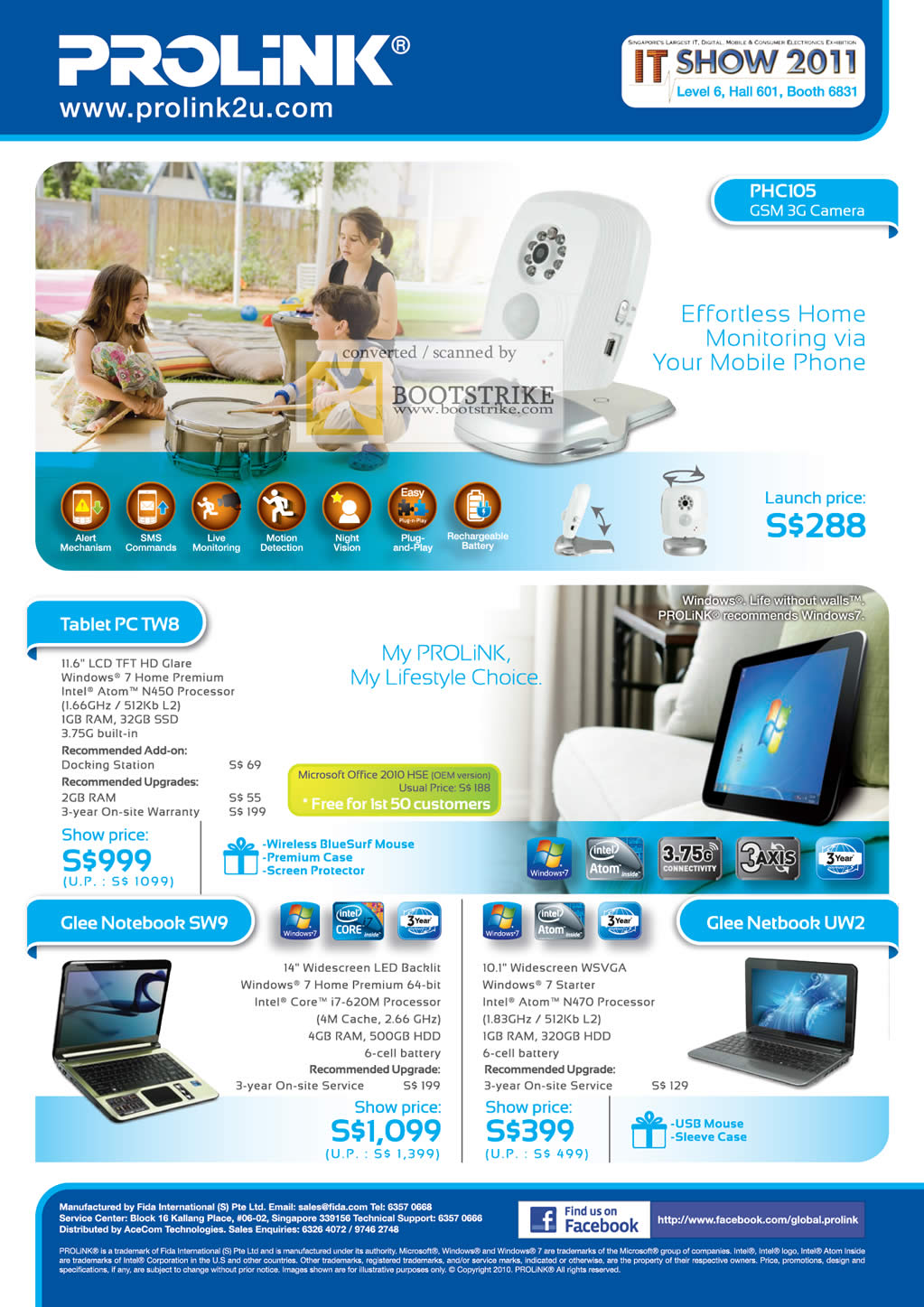 IT Show 2011 price list image brochure of Fida Intl Prolink GSM 3G Camera PHC105 Notebooks Tablet PC TW8 Glee SW9 UW2