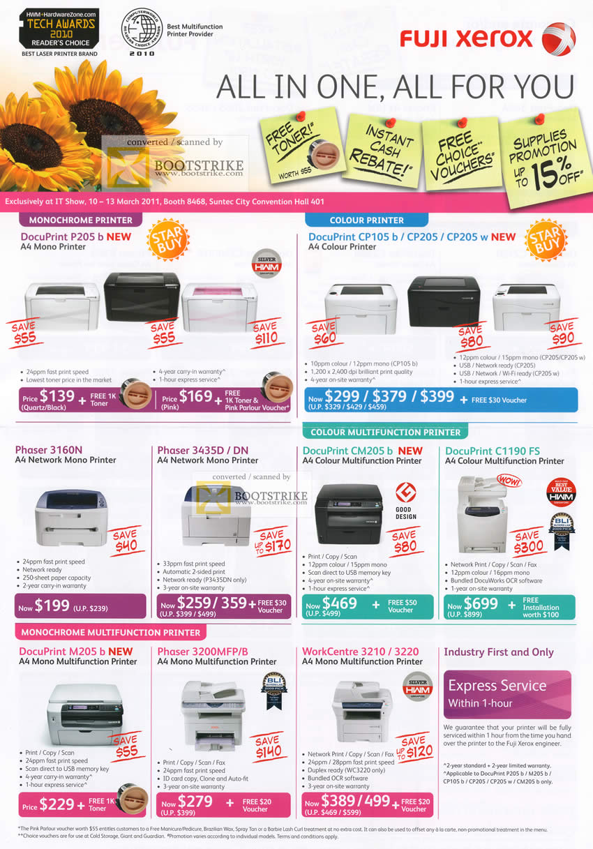 IT Show 2011 price list image brochure of Fuji Xerox Laser Printers DocuPrint P205 CP105 B CP205 Phaser 3160N 3435D C1190 FS M205 3200MFP WorkCentre 3210 3220