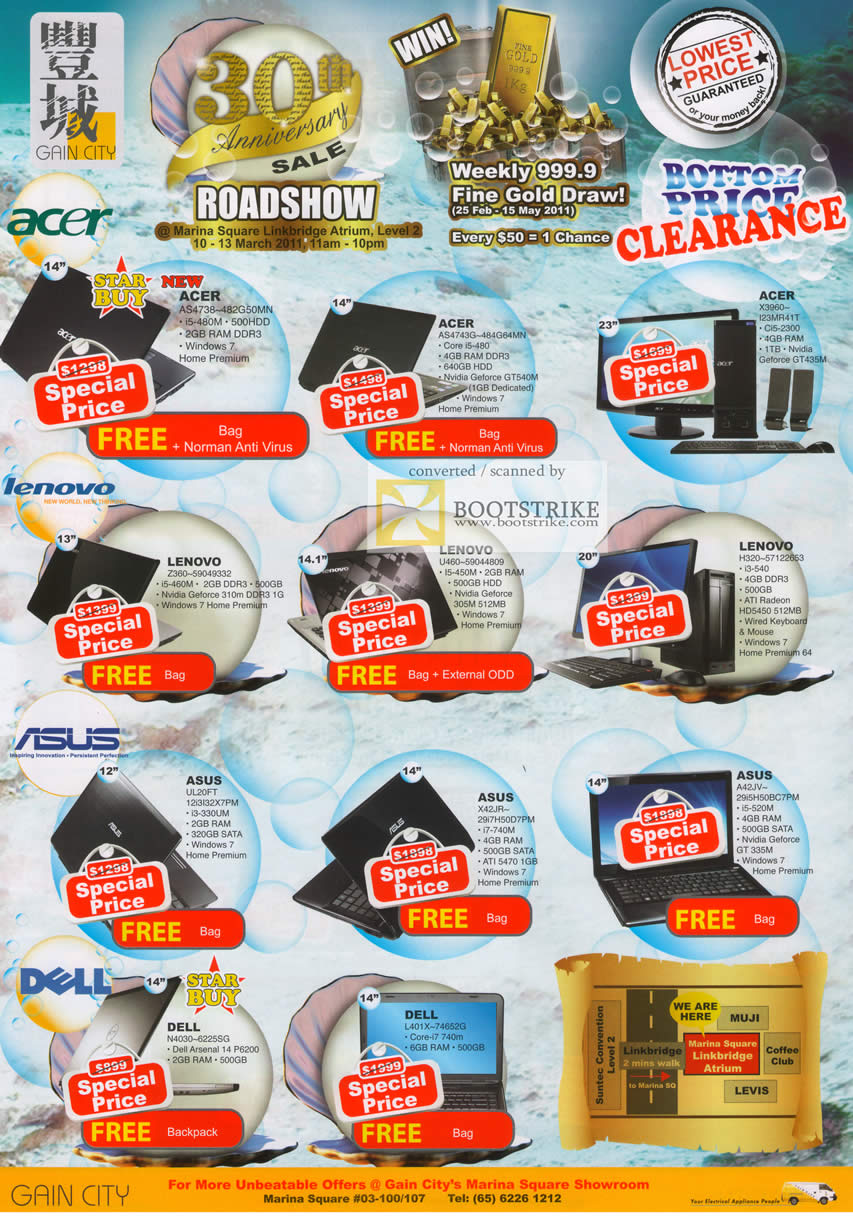 IT Show 2011 price list image brochure of Gain City Notebooks Acer AS4738 AS4743G X3960 Desktop PC Lenovo Z360 U460 H320 ASUS UL20FT X42JR A42JV Dell N4030 L401X