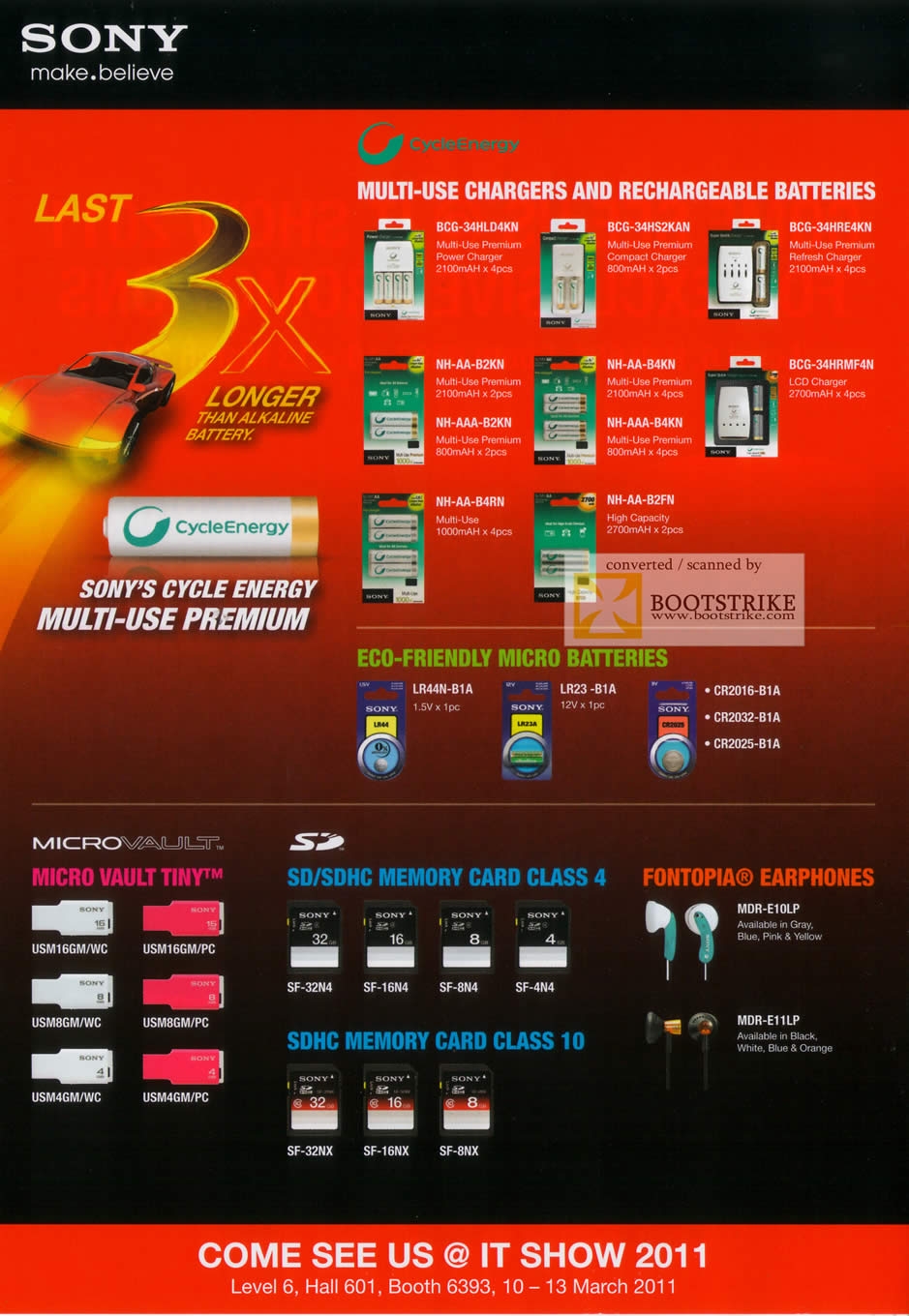 IT Show 2011 price list image brochure of Gees Sony CycleEnergy Charger Battery BCG NH Microvault Flash Drive SD SDHC Memory Card Earphones Fontopia