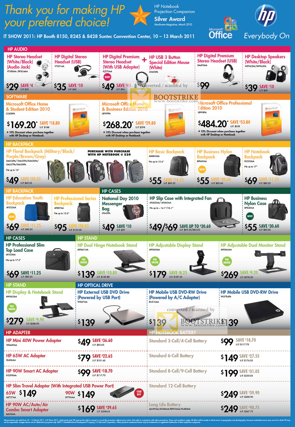 IT Show 2011 price list image brochure of HP Accessories Headset Mouse Microsoft Office Home Business Professional Backpack Case Stand Optical Drive Adapter Battery