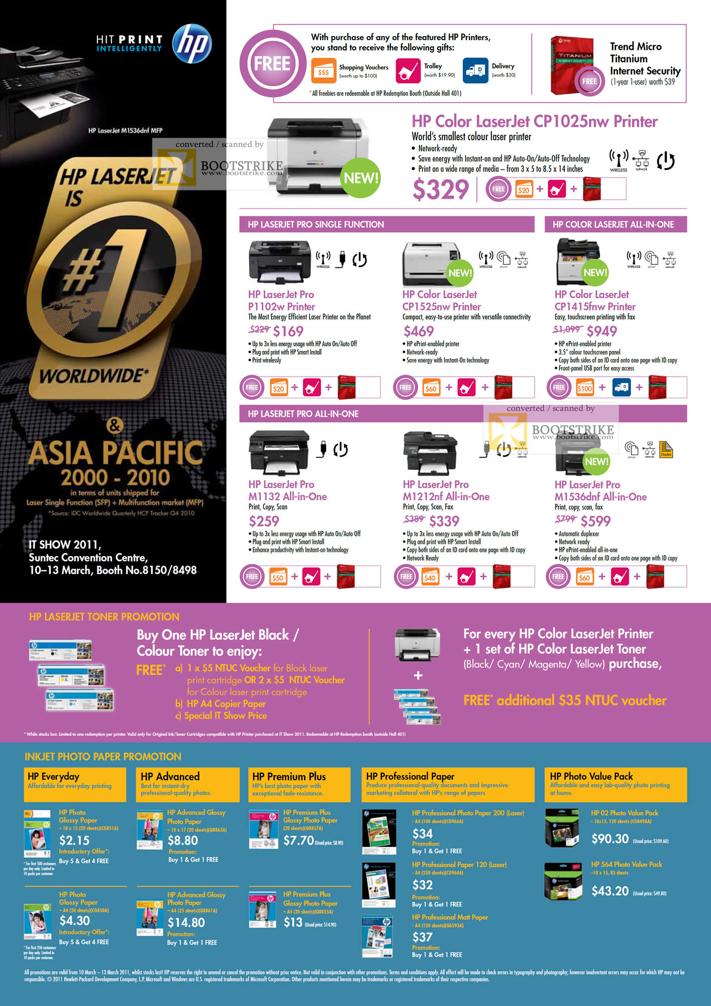 IT Show 2011 price list image brochure of HP Printers Laserjet Pro P1102w CP1525nw CP1415fnw Colour CP1025nw M1132 M1212nf M1536dnf