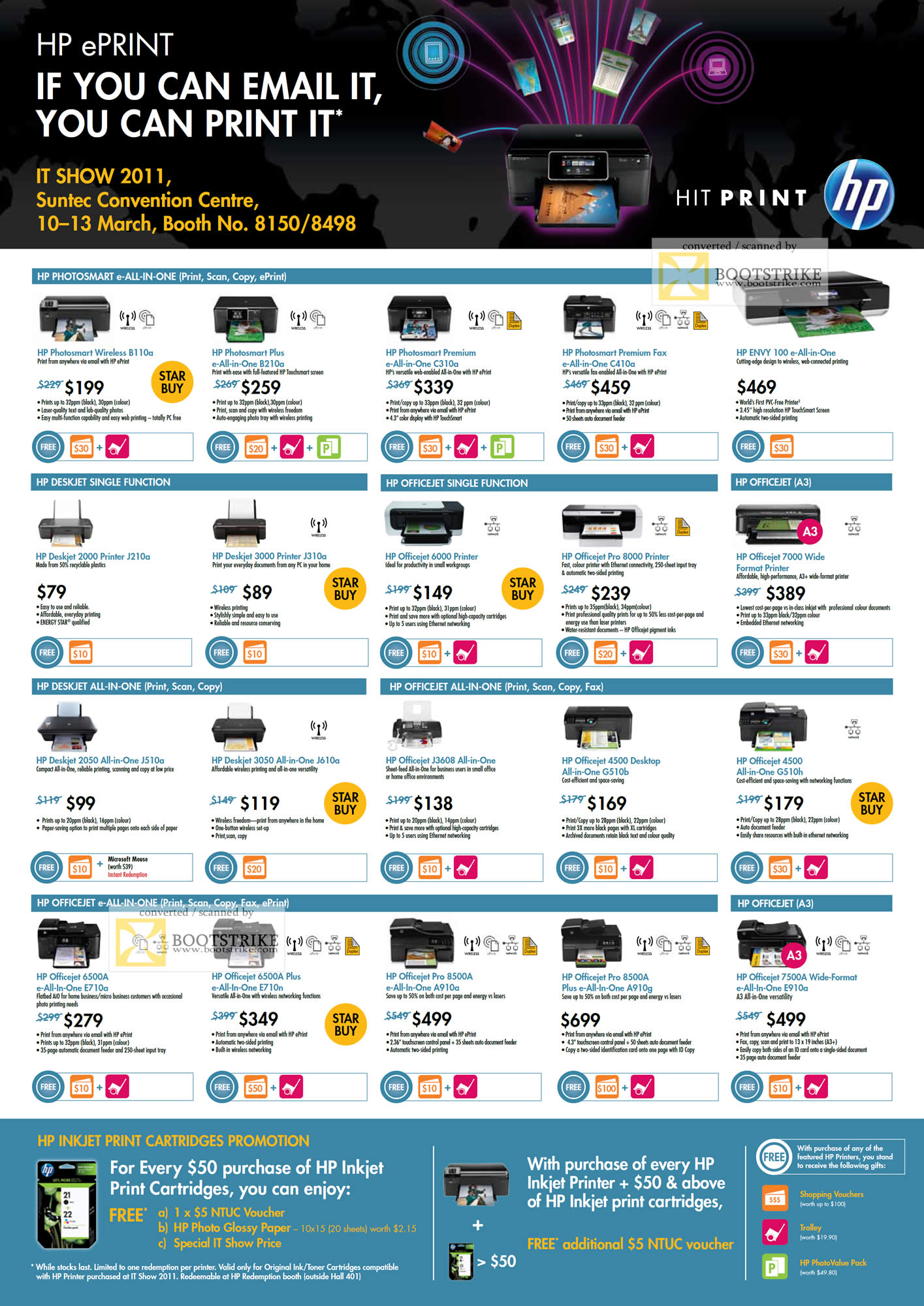 IT Show 2011 price list image brochure of HP Printers Photosmart B110a B210a C310a Envy 100 Deskjet J210a J310a Officejet 6000 Pro 8000 7000 Wide J510a J3608 G510b E710a E710n A910g E910a