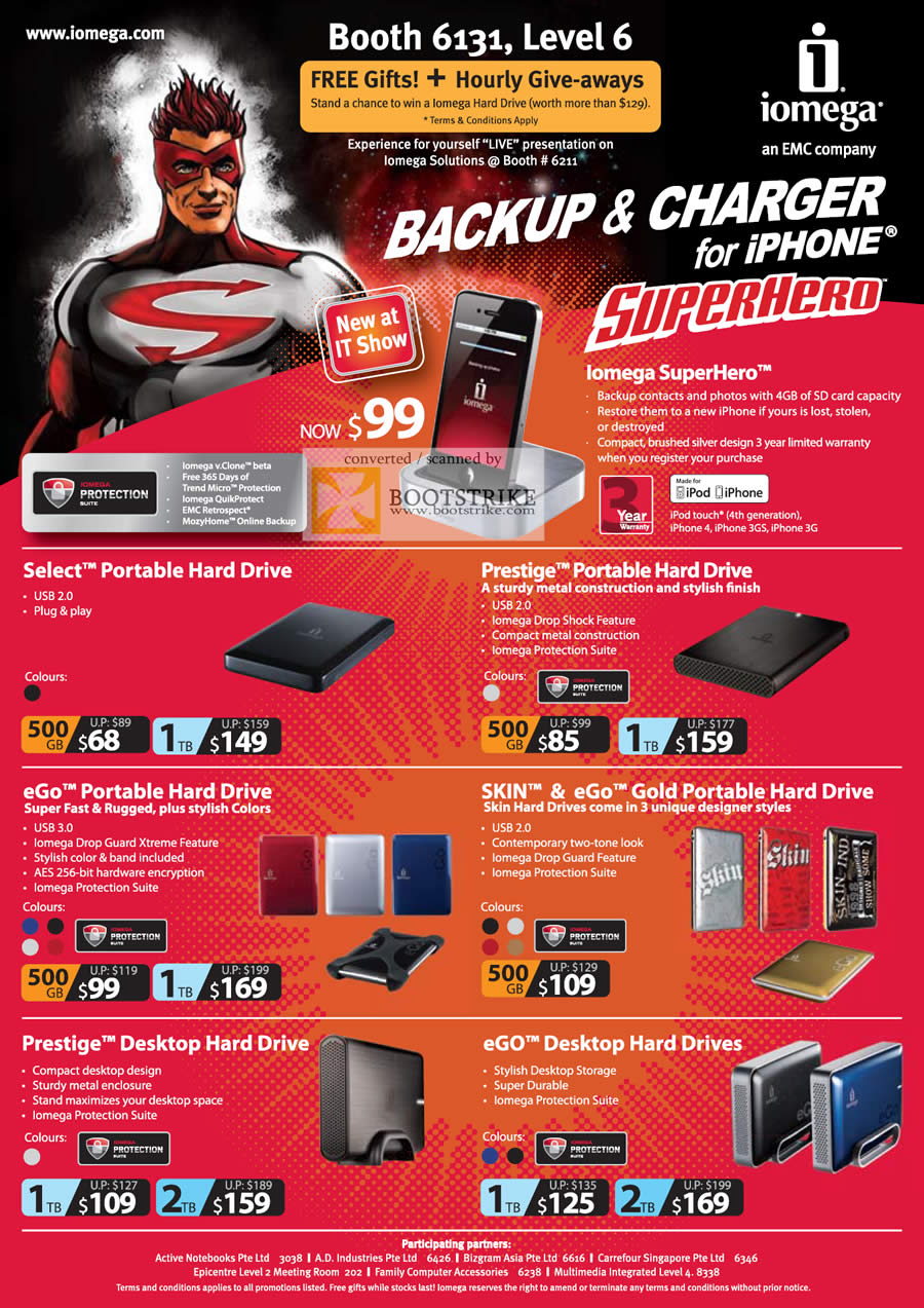 IT Show 2011 price list image brochure of Iomega Superhero Backup Charger External Storage Prestige Select EGo Skin Gold Desktop Hard Drive Hourly Giveaways