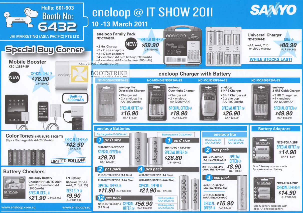 IT Show 2011 price list image brochure of JHI Sanyo Eneloop Battery Mobile Booster Family Pack Universal Charger Lite Color Tones