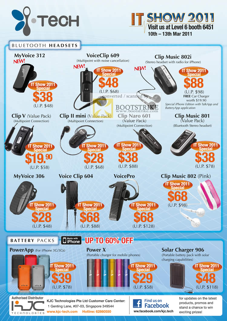 IT Show 2011 price list image brochure of KJC ITech Bluetooth Headsets MyVoice 312 VoiceClip Clip Music Battery Packs PowerApp Power X Solar Charger 906