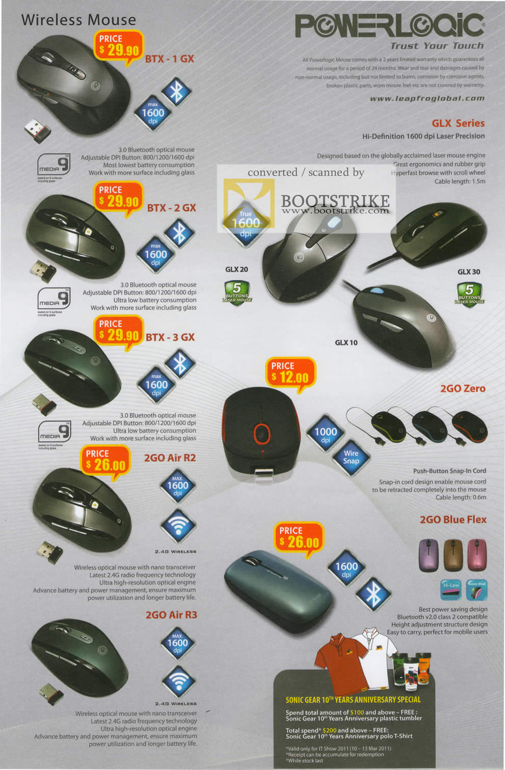 IT Show 2011 price list image brochure of Leapfrog Powerlogic Wireless Mouse GLX 10 20 30 BTX - 1 GX 3 GX 2GO Air R2 Blue Flex Air R3