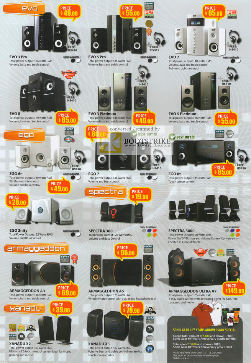 IT Show 2011 price list image brochure of Leapfrog Sonicgear Speakers Evo 3 Pro 5 7 8 Platinum Ego 6r 8t Spectra 3nity 300 3000 Armaggeddon A3 A5 Ultra A7 Xanadu X2 X3