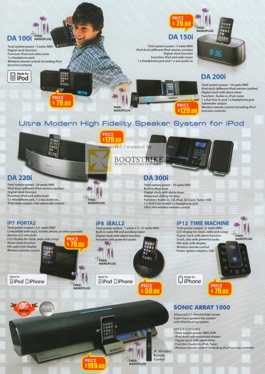 IT Show 2011 price list image brochure of Leapfrog Sonicgear IPod Speakers DA100i 150i 200i 220i 300i IP7 Porta2 IP8 IBall2 IP12 Time Machine Sonic Array 1000