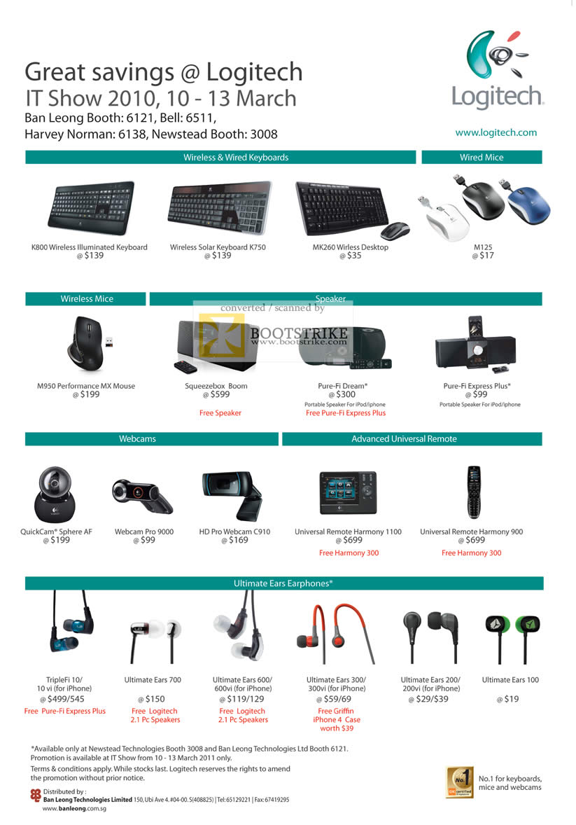 IT Show 2011 price list image brochure of Logitech Wireless Keyboard Mouse Webcam K800 K750 MK260 M125 M950 Pure-Fi Express Quickcam AF 9000 Harmony 1100 900 Ultimate Ears Triplefi