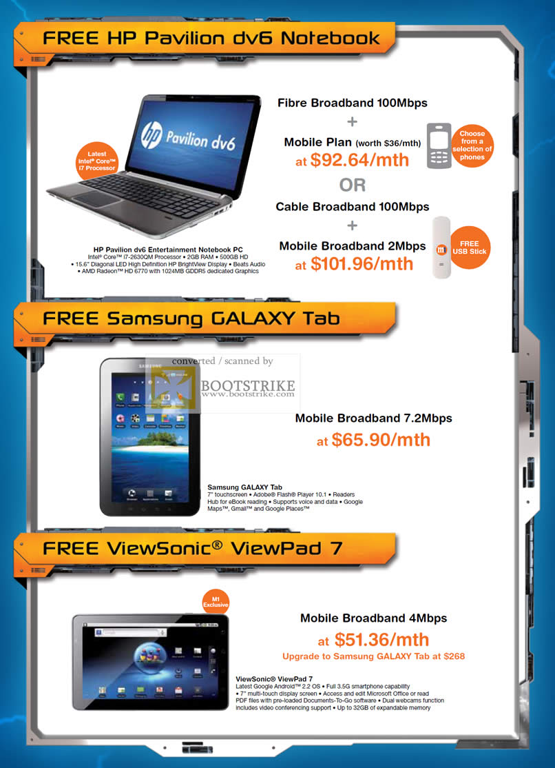IT Show 2011 price list image brochure of M1 Fibre Cable Mobile Broadband HP Pavilion DV6 Samsung Galaxy Tab Viewsonic Viewpad 7